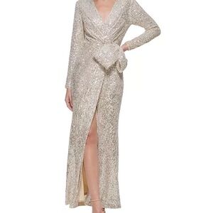 Eliza J Gold and Silver Embellished Wrap Gown